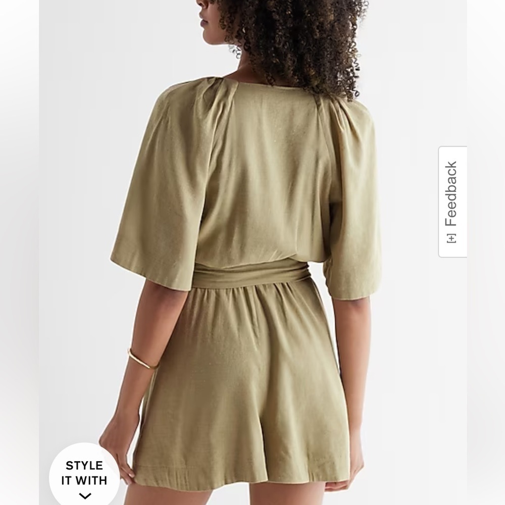EXPRESS SAGE GREEN LINEN BLEND BUTTON UP TIE WAIST ROMPER SIZE XS - Picture 3 of 12